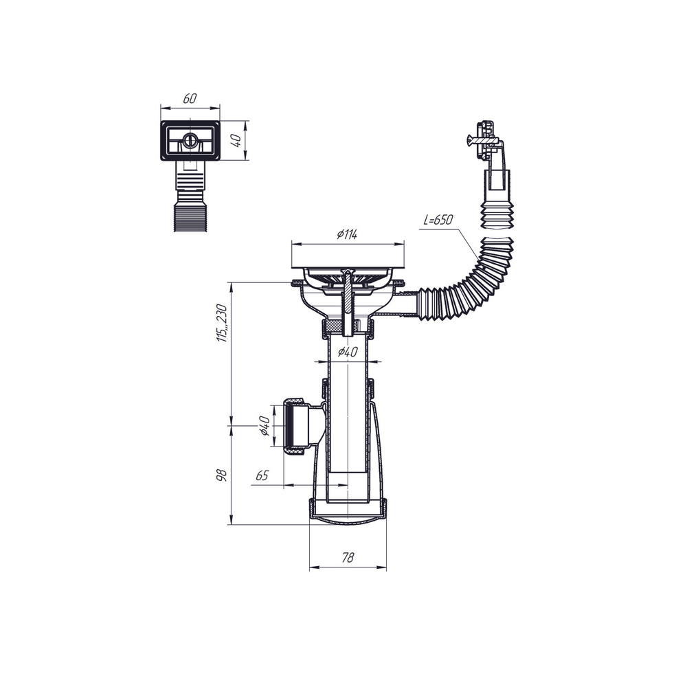 Сифон 3 1/2*40 с прямоуг. переливом BKS4000 ИНКОПЛАСТ