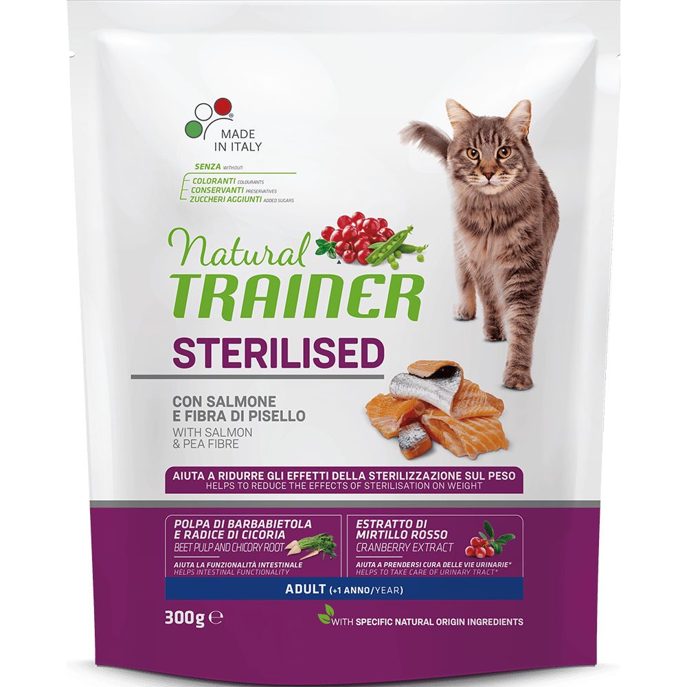 Сухой корм Trainer Natural CAT STERILISED ADULT WITH SALMON AND PEA FIBRE для взрослых стерилизованных кошек  с лососем и клетчаткой гороха 300 г