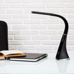 TLD-542 Black-LED-300Lm-5000K-Dimmer Светильник настольный c часами. календарем. термометром. 5W. Сенсорный выключатель. Черный стилизован под кожу. TM Uniel.