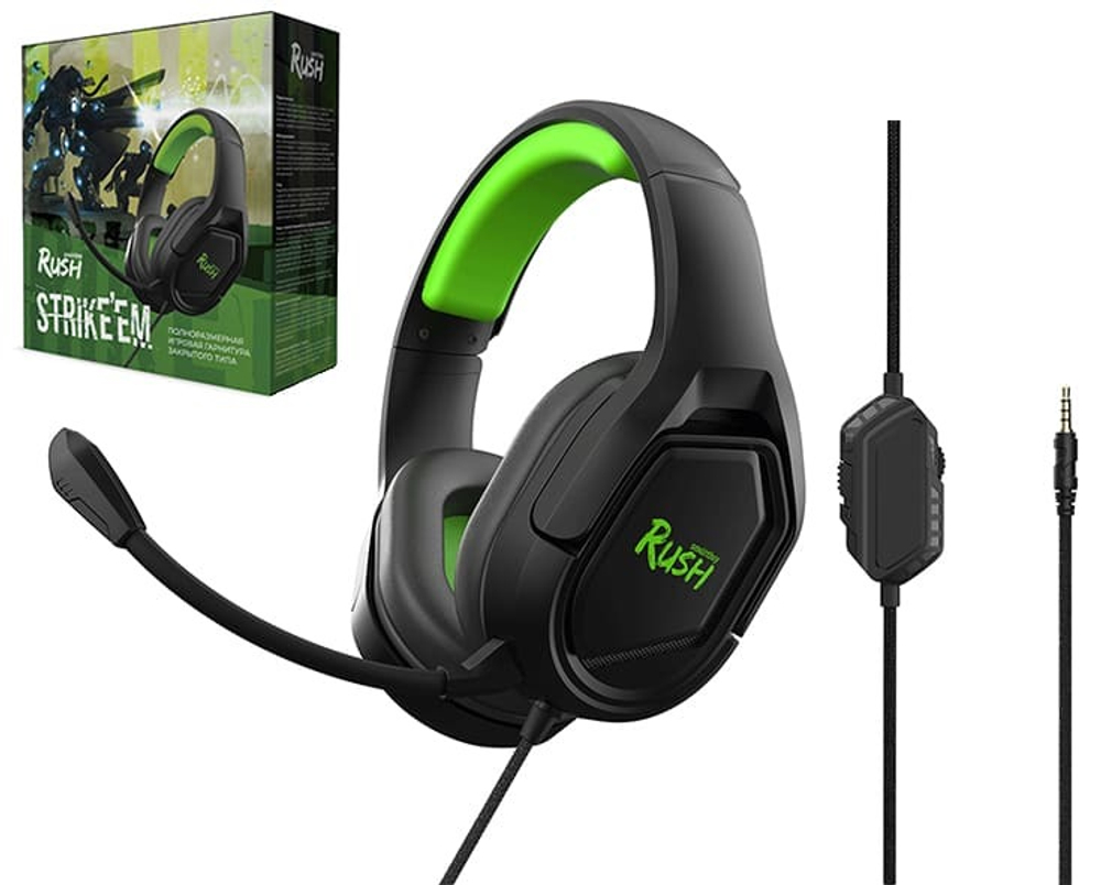 Игровая гарнитура SmartBuy RUSH STRIKE"EM, съемный микрофон, 3,5мм + 2*3,5мм, черн/зелен