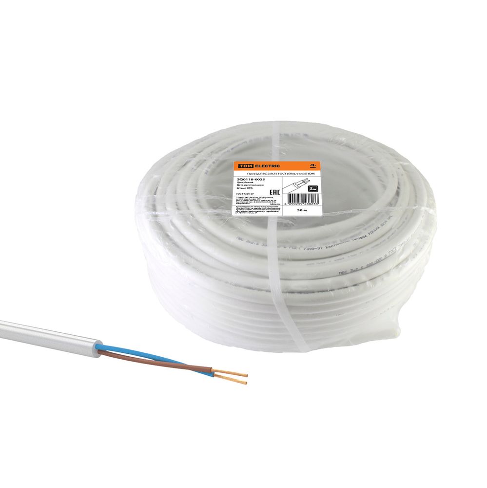 Провод бытовой ПВС Tdm Electric, 2 x 0,75 мм², 50 м, белый