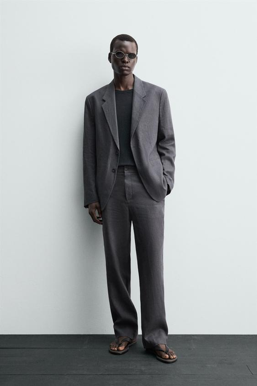 ZARA КОСТЮМНЫЕ БРЮКИ ИЗ 100% ЛЬНА, ТЕМНО-СЕРЫЙ