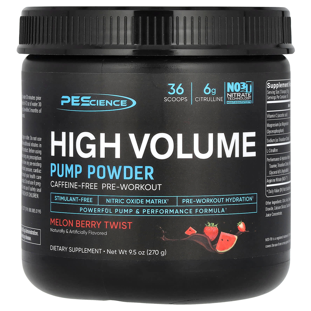 PEScience, High Volume, порошок для помпы, без кофеина, дыня и ягоды, 270 г (9,5 унции)
