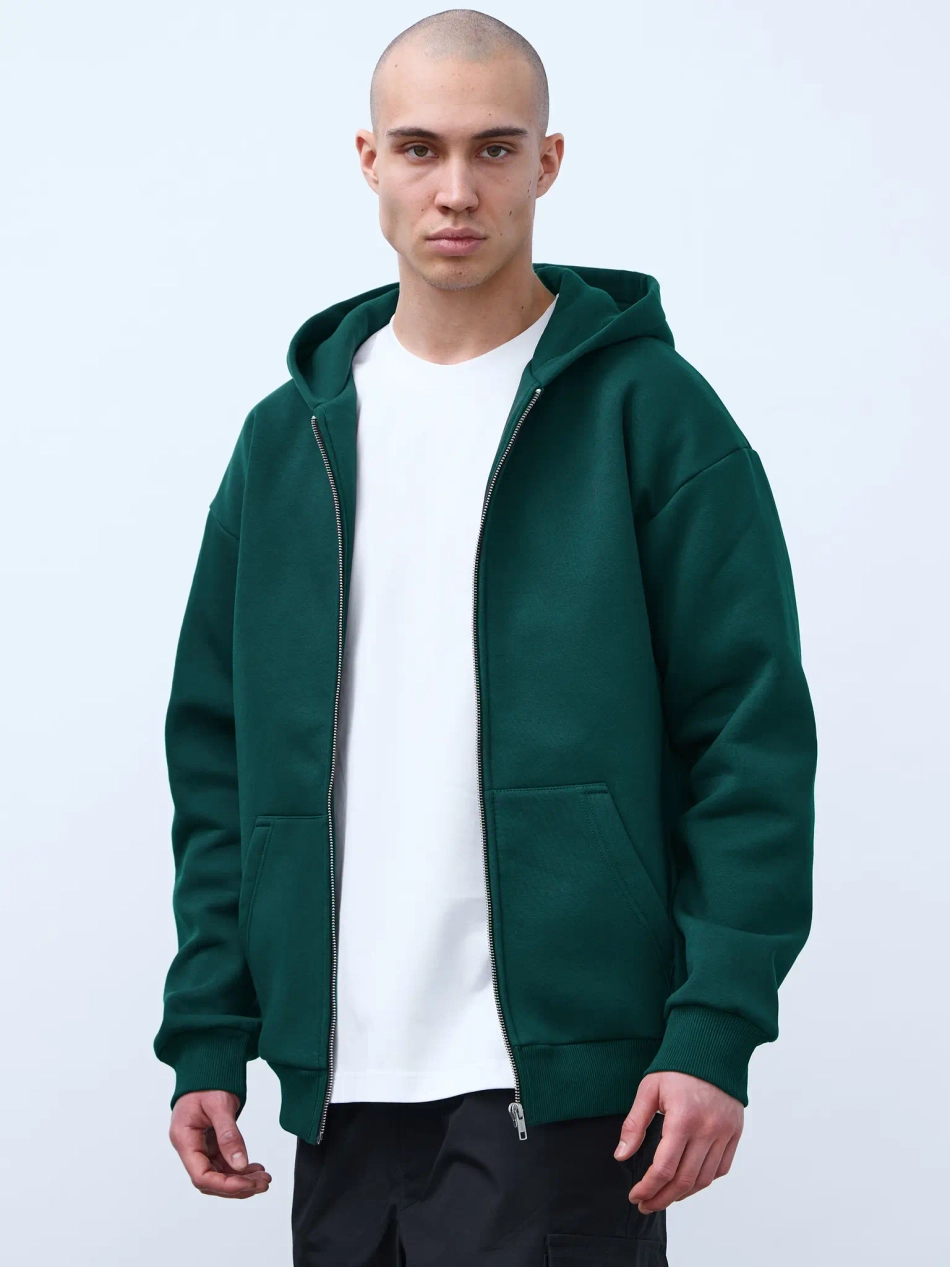 Худи оверсайз на молнии с начесом (темно-зеленый)