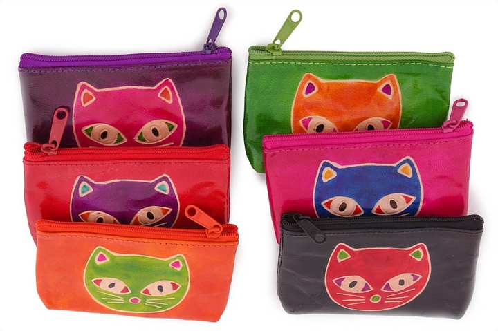 Кошелек под мелочь "Морда кота", Кот розовый, цвет сиреневый, натуральная кожа, ручной принт 11,5x8x0,7 см.