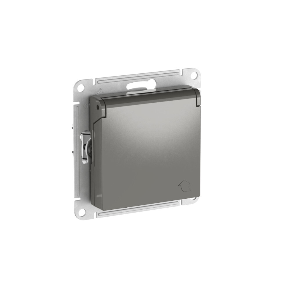 ATLASDESIGN РОЗЕТКА с заземл. со шторк. с крышкой,16А,IP20,мех., быстрозажим. клем., СТАЛЬ