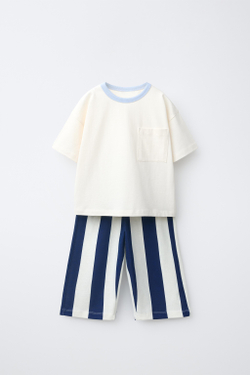 ZARA КОМПЛЕКТ ИЗ ФУТБОЛКИ И БРЮК В ПОЛОСКУ, СИНИЙ