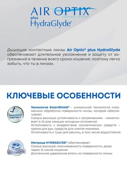Ежемесячные контактные линзы Air Optix plus HydraGlyde (уп. 3 линзы)