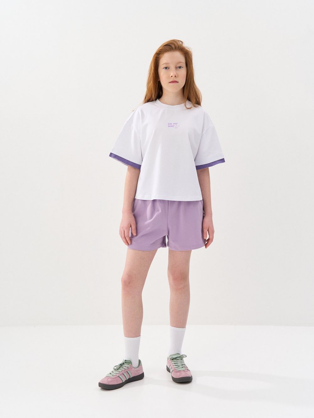 Комплект футболка и шорты "Молоко/Лаванда" с принтом 7+