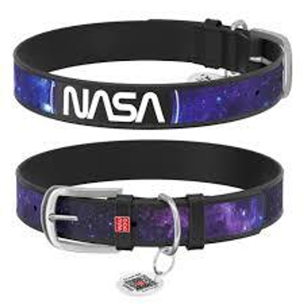 Ошейник кожаный WAUDOG Design с QR-паспортом, "NASA21", M, Ш 20 мм, Дл 30-39 см черный