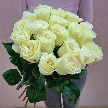 Букет из 21 белой розы сорта "Мондиаль" под ленту (Эквадор 60 см)