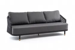 "Верона" диван 3-местный плетеный из роупа, каркас алюминий темно-серый (RAL7024) муар, роуп темно-серый круглый, ткань темно-серая 027