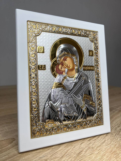 Владимирская БМ, икона прямоугольная с рамкой, белое дерево 210х260