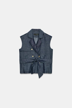 ZARA ЖИЛЕТ ИЗ ЛЬНА С ПОЯСОМ, ИНДИГО