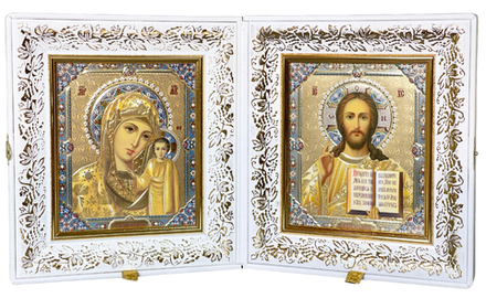 Складень большой белый: кожа, тиснение с зол. фольгой, стекло, 1 замок (26х23х6) Гол (Кожемяка)