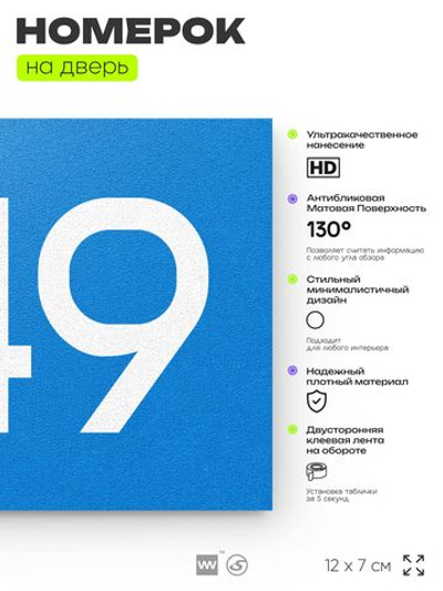 Номер на дверь 949, табличка на дверь для офиса, квартиры, кабинета, аудитории, склада, голубая 120х70 мм, Айдентика Технолоджи