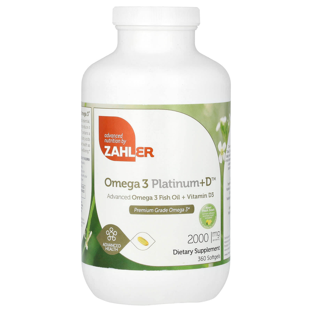Zahler, Omega 3 Platinum+D, усовершенствованный рыбий жир с омега-3 и витамином D3, 2000 мг, 360 мягких таблеток (1000 мг на мягкую таблетку)