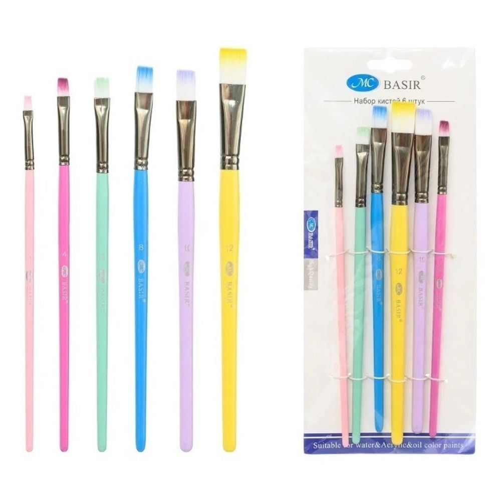 Кисть для рисования Basir художественная, нейлон, плоские, № 2,4,6,8,10,12, разноцветный корпус, набор из 6 шт