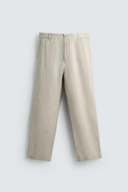 ZARA БРЮКИ STRAIGHT FIT ИЗ КОНОПЛИ И ХЛОПКА, ПЕСОЧНЫЙ
