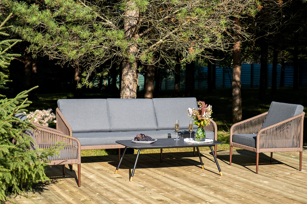 "Канны" лаунж-зона 5-местная из роупа со столом "Верона" (серый гранит), каркас алюминиевый коричневый, роуп коричневый