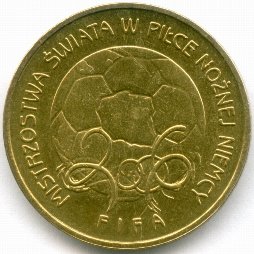 2 злотых 2006 год. Польша. Чемпионат мира по футболу. Латунь, диаметр 27 мм. XF-AU