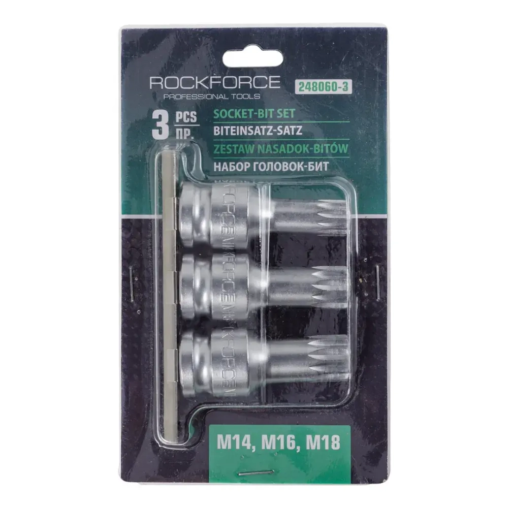 Набор Головок-бит SPLINE с отверстием 1/2'',3пр. (L-60мм,M14, M16, M18) RockForce##Rock FORCE RF-248060-3