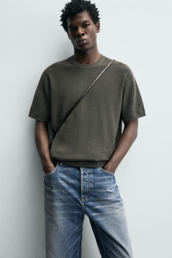 ZARA ФУТБОЛКА ПЛАТОЧНОЙ ВЯЗКИ, ТЕМНО-СЕРЫЙ