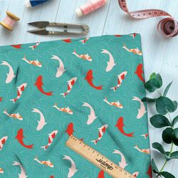 Ткань дюспо японские карпы на голубом фоне