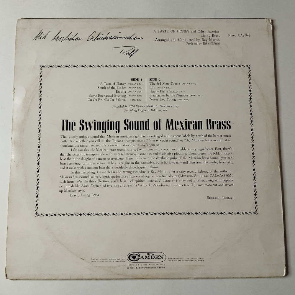 Винтажная виниловая пластинка LP Living Brass A Taste Of Honey And Other Favorites (Germany 1966)
