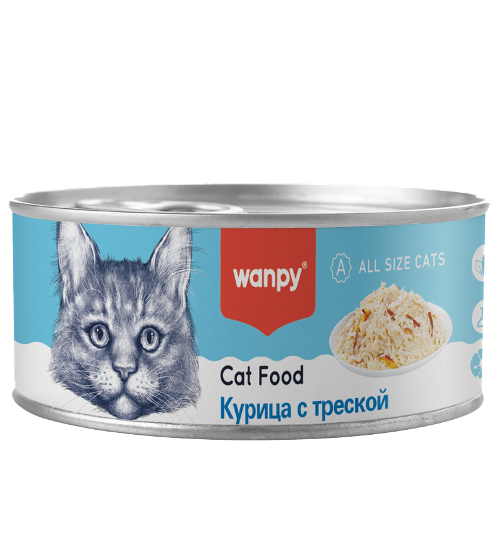 Wanpy Cat Консервы для кошек "Курица с треской" 95гр. (33005)