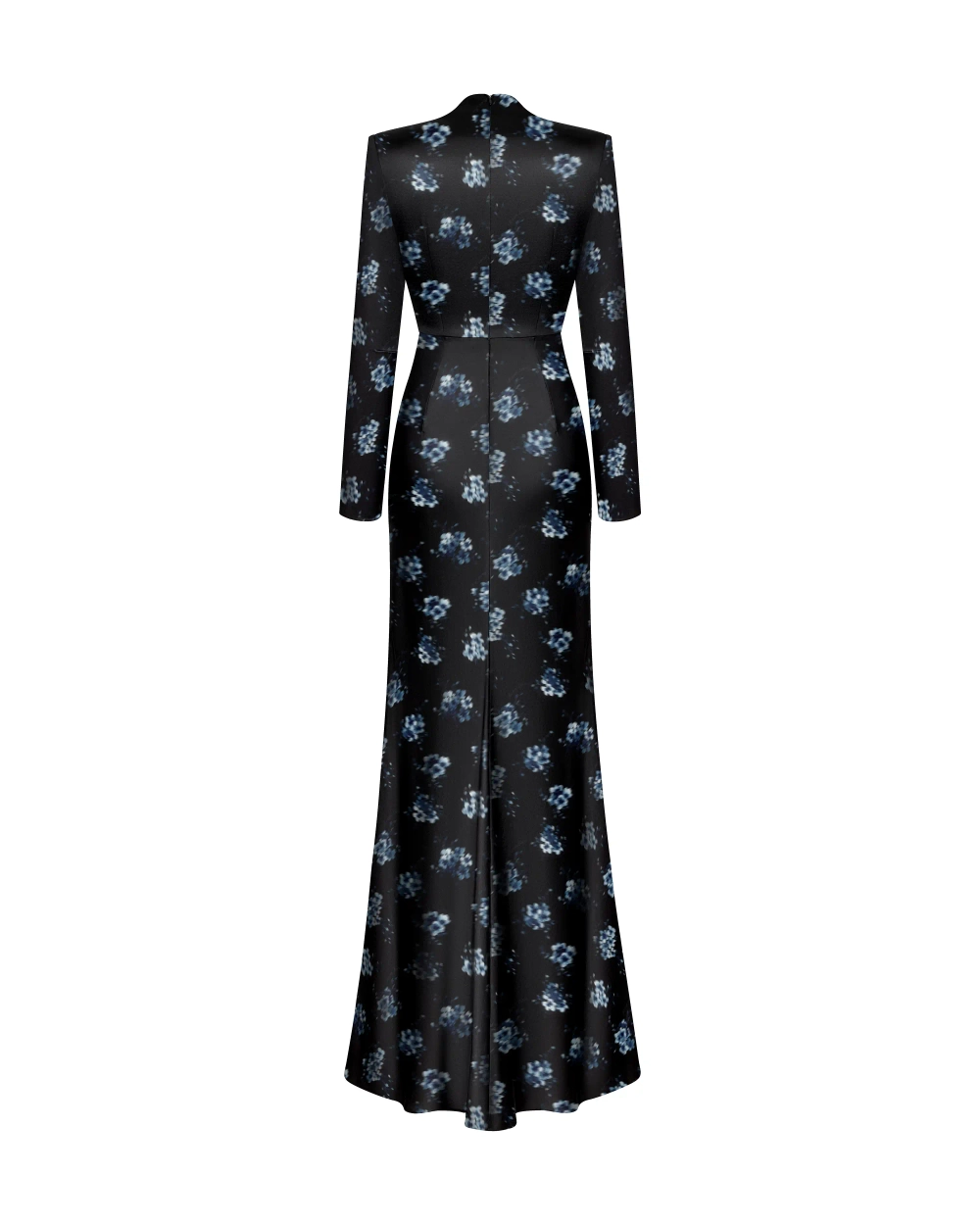 Emma maxi, платье макси из черного атласа со средним цветочным принтом