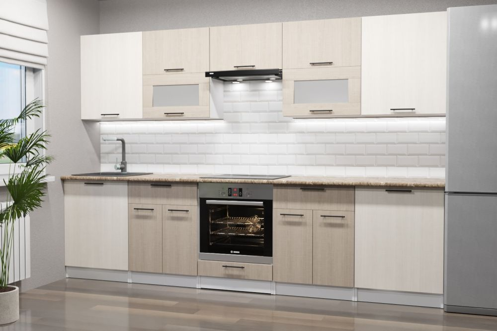 Кухонный гарнитур Кварц экстра 3000 мм (Латте/Карамель/Белый, Аламбра темная)