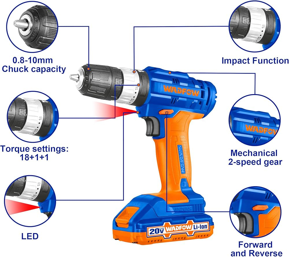 Шуруповерт аккумуляторный ударный WADFOW WCDP521 20 В 35 Нм