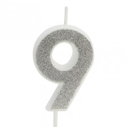 Свеча в торт цифра "9", с блестками, 3,5*5см (серебро)