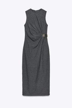 ZARA ПЛАТЬЕ-МИДИ В ПОЛОСКУ С ПРЯЖКОЙ, СЕРЫЙ