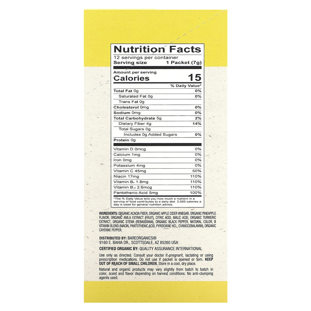 BareOrganics, Метаболизм, суперпродукты, улучшающие содержание воды, органический ананас, 12 пакетиков в виде стиков по 7 г (0,25 унции)