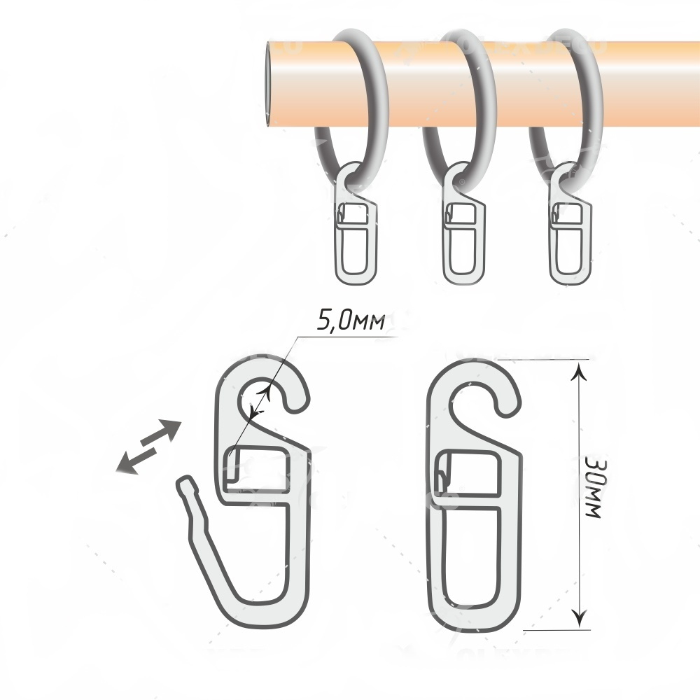 Крючок шторный 5 мм для колец круглых карнизов d16-25, белый купить