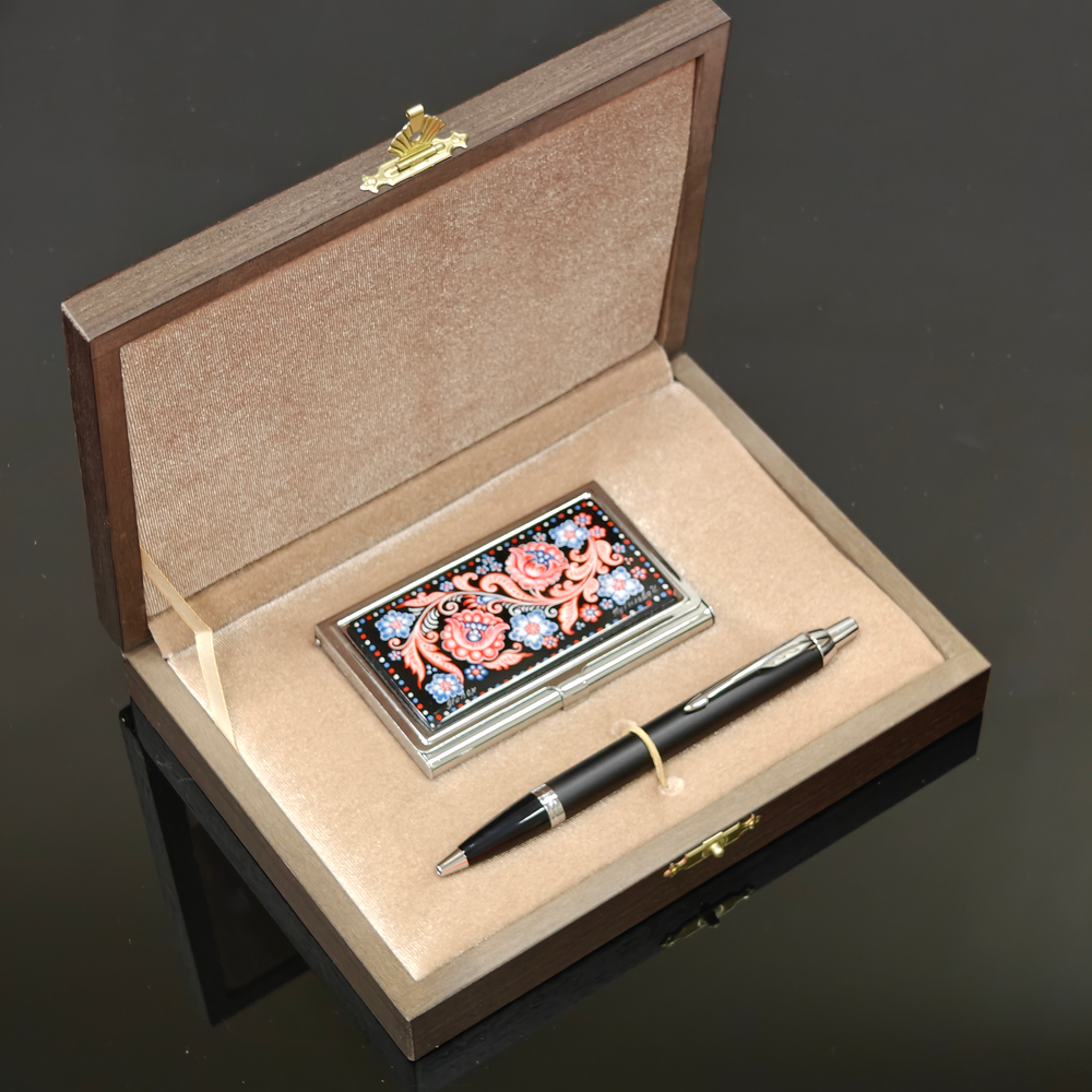 Набор "Русские узоры" №2 визитница персональная с ручной росписью, ручка Parker