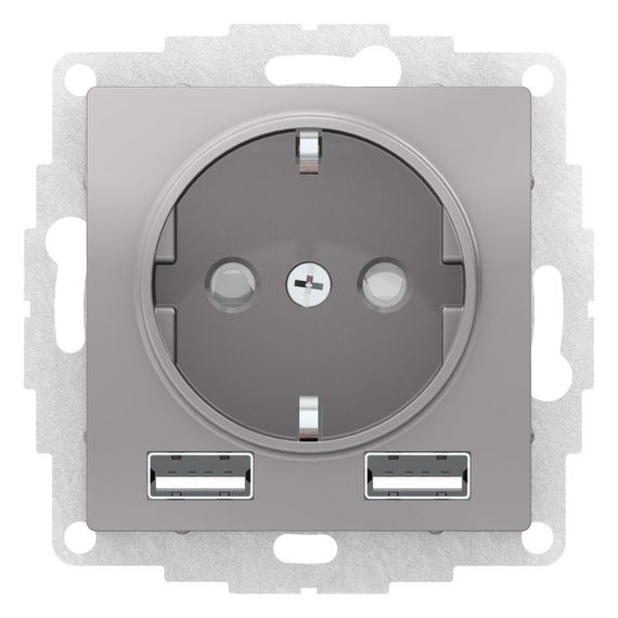 Розетка Systeme Electric ATLASDESIGN с заземлением со шторкой + 2 USB 2400мА алюминий 38388