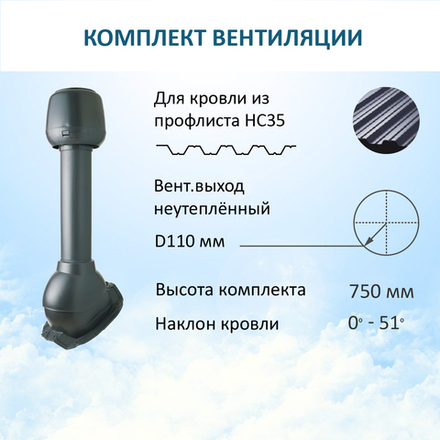 Комплект вентиляции: Колпак D110, вент. выход 110, для кровельного профнастила 35мм, серый