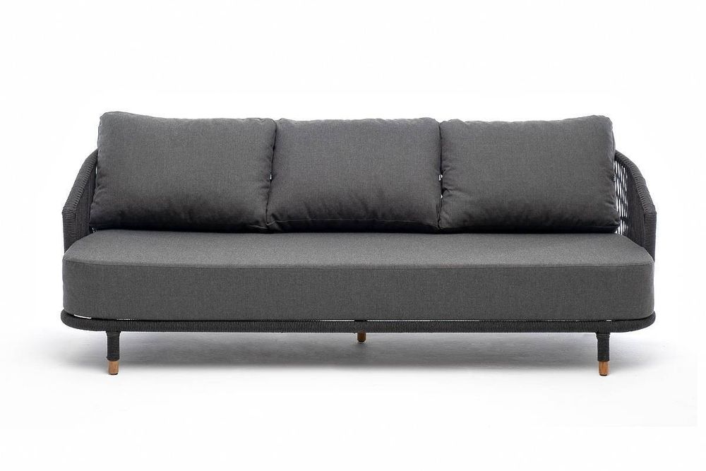 "Верона" диван 3-местный плетеный из роупа, каркас алюминий темно-серый (RAL7024) муар, роуп темно-серый круглый, ткань темно-серая 027