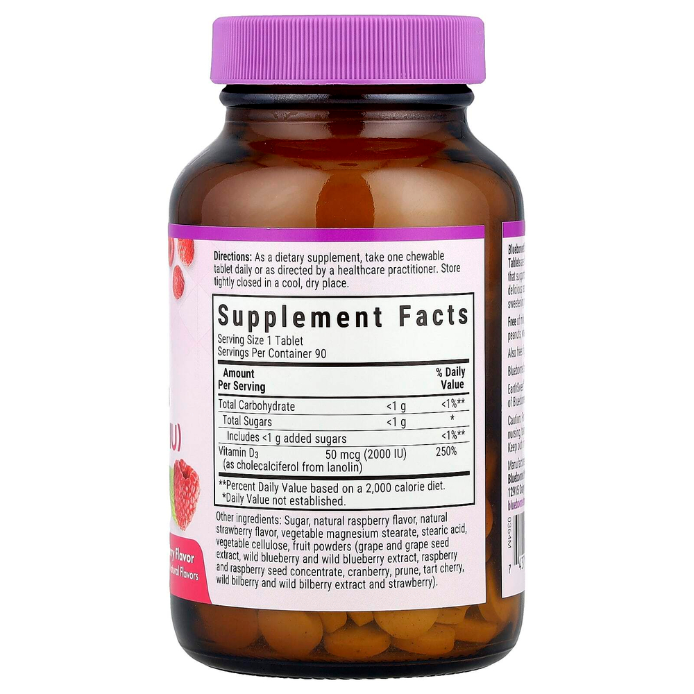 Bluebonnet Nutrition, Earth Sweet Chewables, витамин D3, со вкусом малины, 2000 МЕ, 90 жевательных таблеток