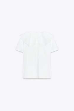 ZARA ФУТБОЛКА С КРУГЛЫМ ВЫШИТЫМ ВОРОТНИКОМ, БЕЛЫЙ