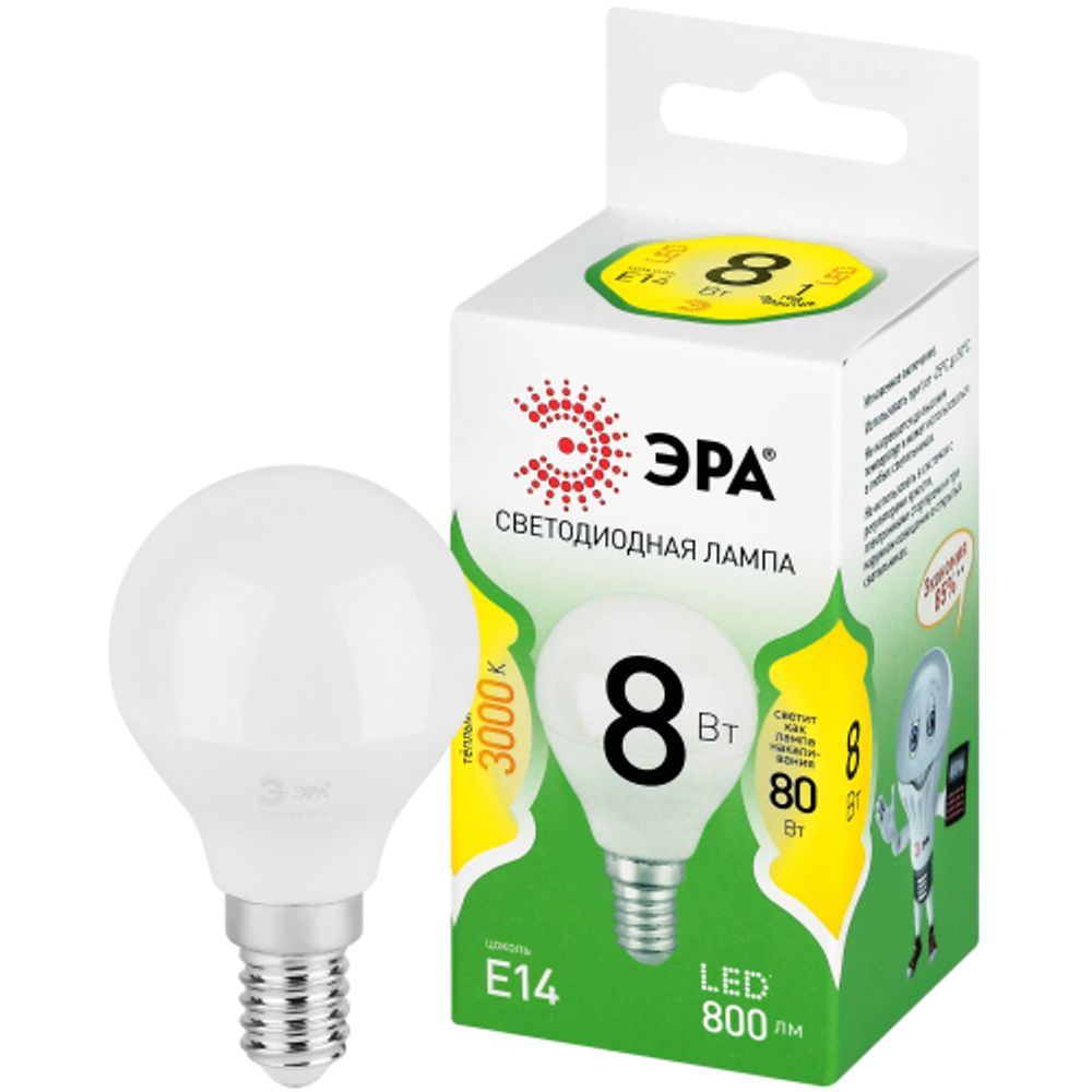 Лампа светодиодная ЭРА GREEN LINE LED P45-8W-830-E14 GL 8Вт шар теплый свет E14 | Лампы cветодиодные Шар (G/P)