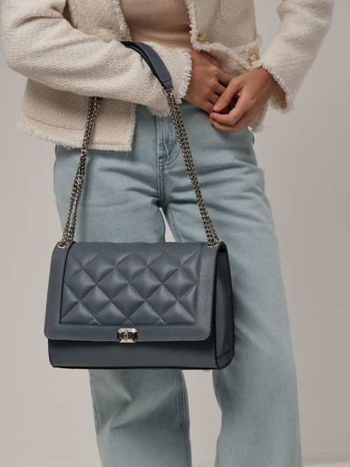 Сумка кожаная на плечо сине-серая