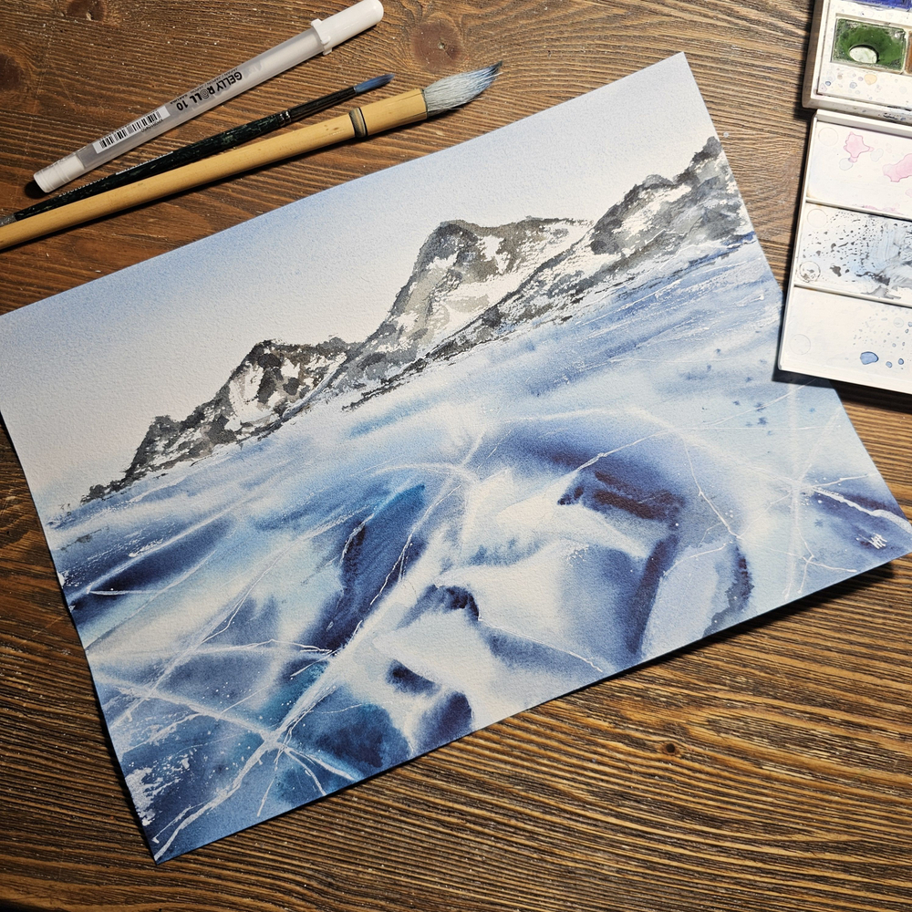 Картина авторская акварельная в паспарту 30х40 см на стену для интерьера "Лед Байкала"