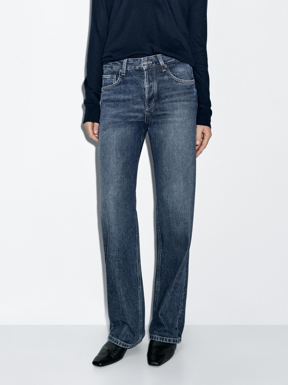 Massimo Dutti Джинсы со средней посадкой и широкими штанинами, средне-синий