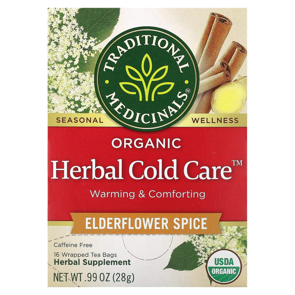 Traditional Medicinals, Herbal Cold Care, органическое средство от простуды, цветки бузины со специями, без кофеина, 16 чайных пакетиков в индивидуальной упаковке, по 1,75 г (0,6 унции) каждый