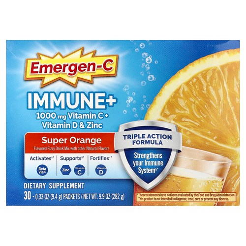 Emergen-C, Immune+, витамин C, витамин D и цинк, со вкусом апельсина, без кофеина, 30 пакетиков по 9,4 г (0,33 унции)