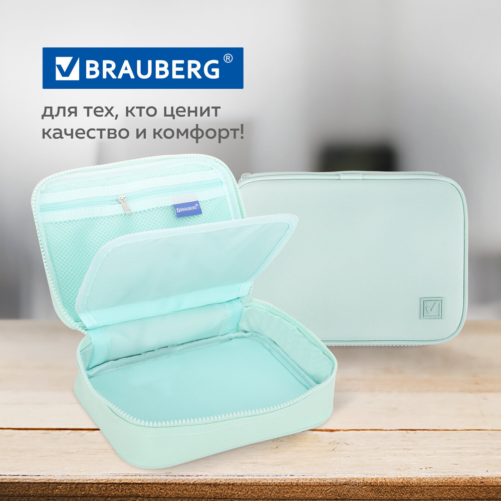 Пенал-косметичка BRAUBERG большой 1 отделение 1 откидная планка ткань 21x15x6 см "Mint"
